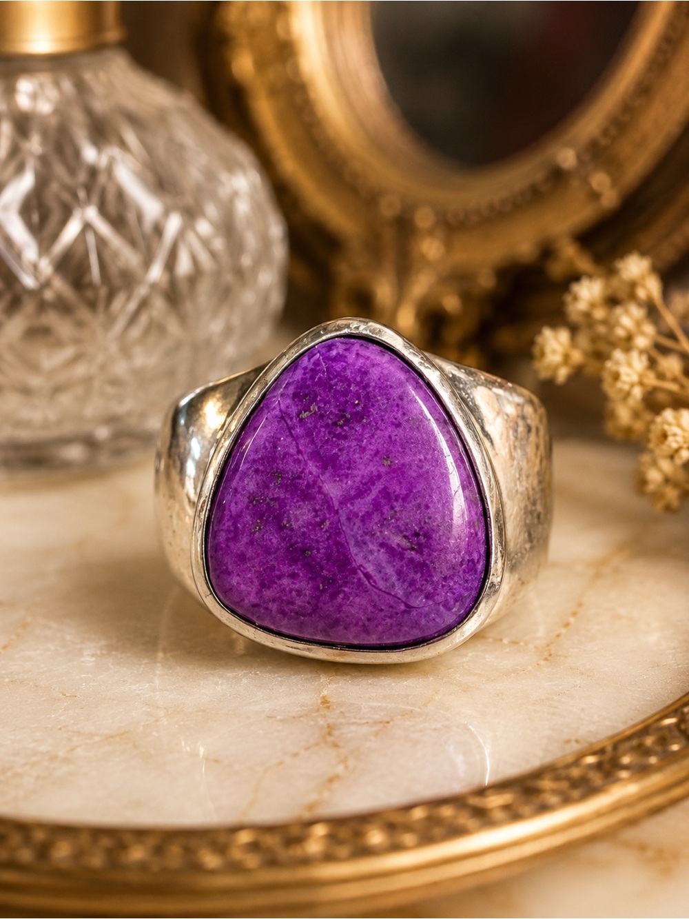 Vintage Sterling Silver Natural Sugilite Statement Ring Artisan Gemstone Size 7